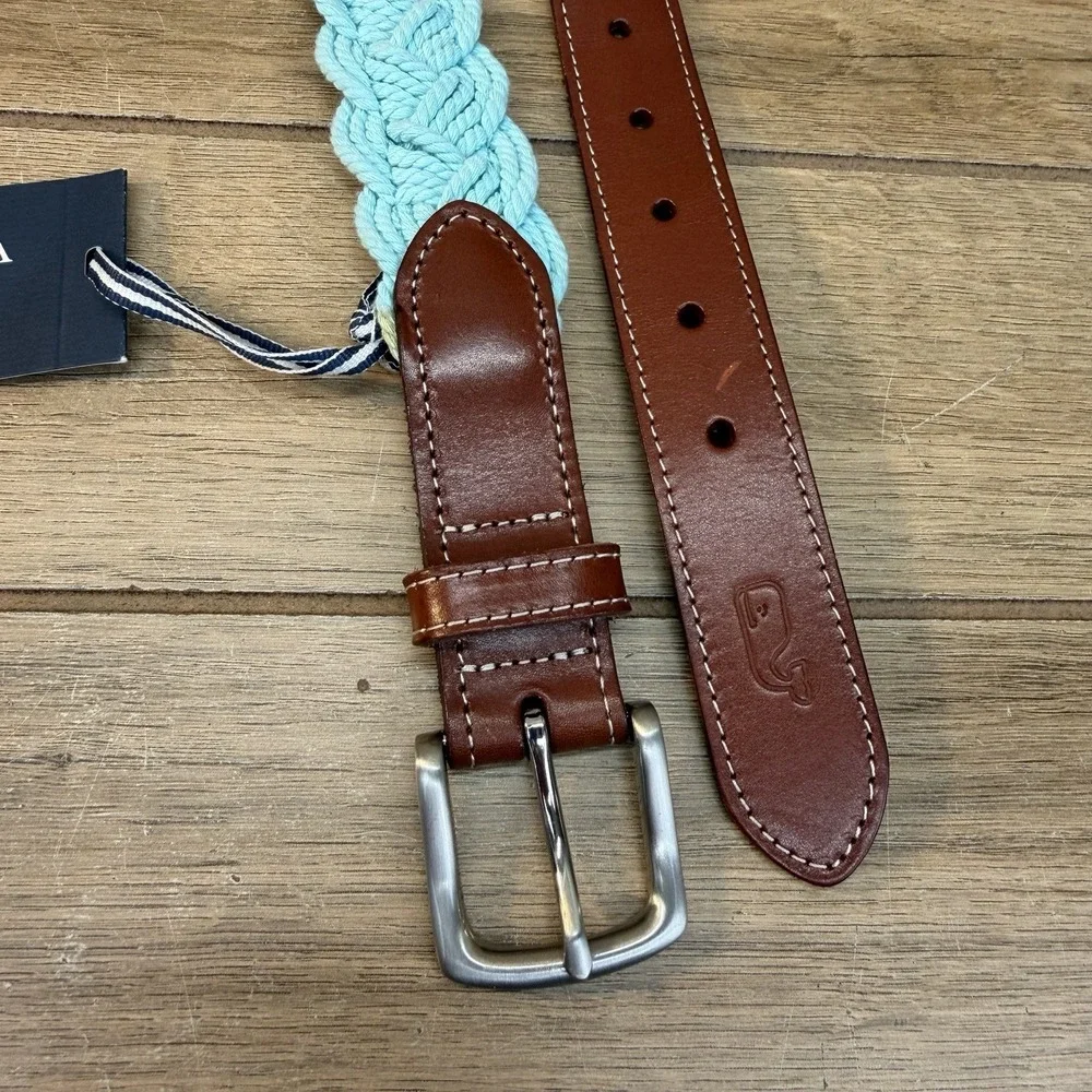 Vineyard Vines Distressed Braided Rope Belt Mens 34 Crystal Blue Brown Leather